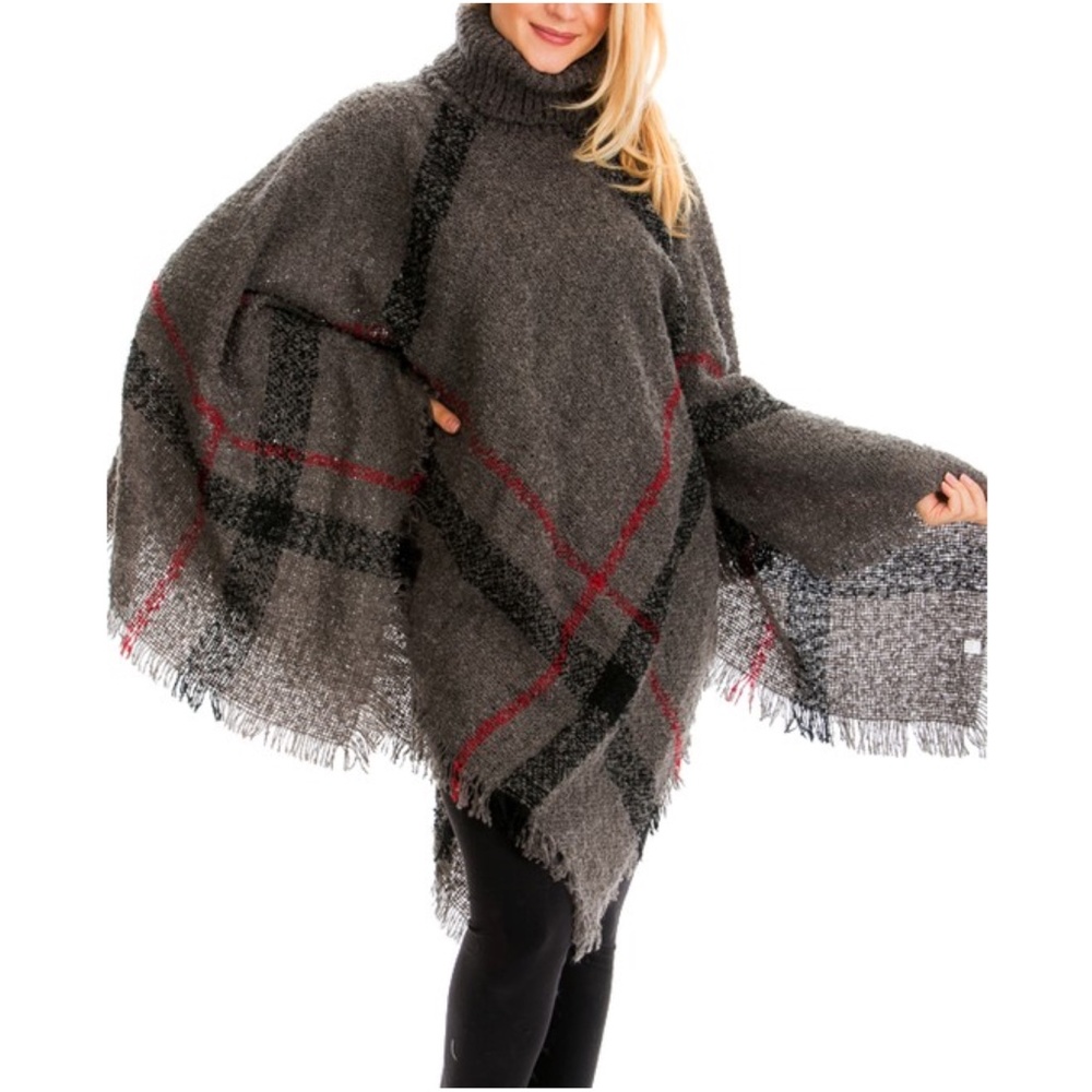 040 Cozy Turtleneck Plaid Frayed Hem Poncho - Picture 14 of 16